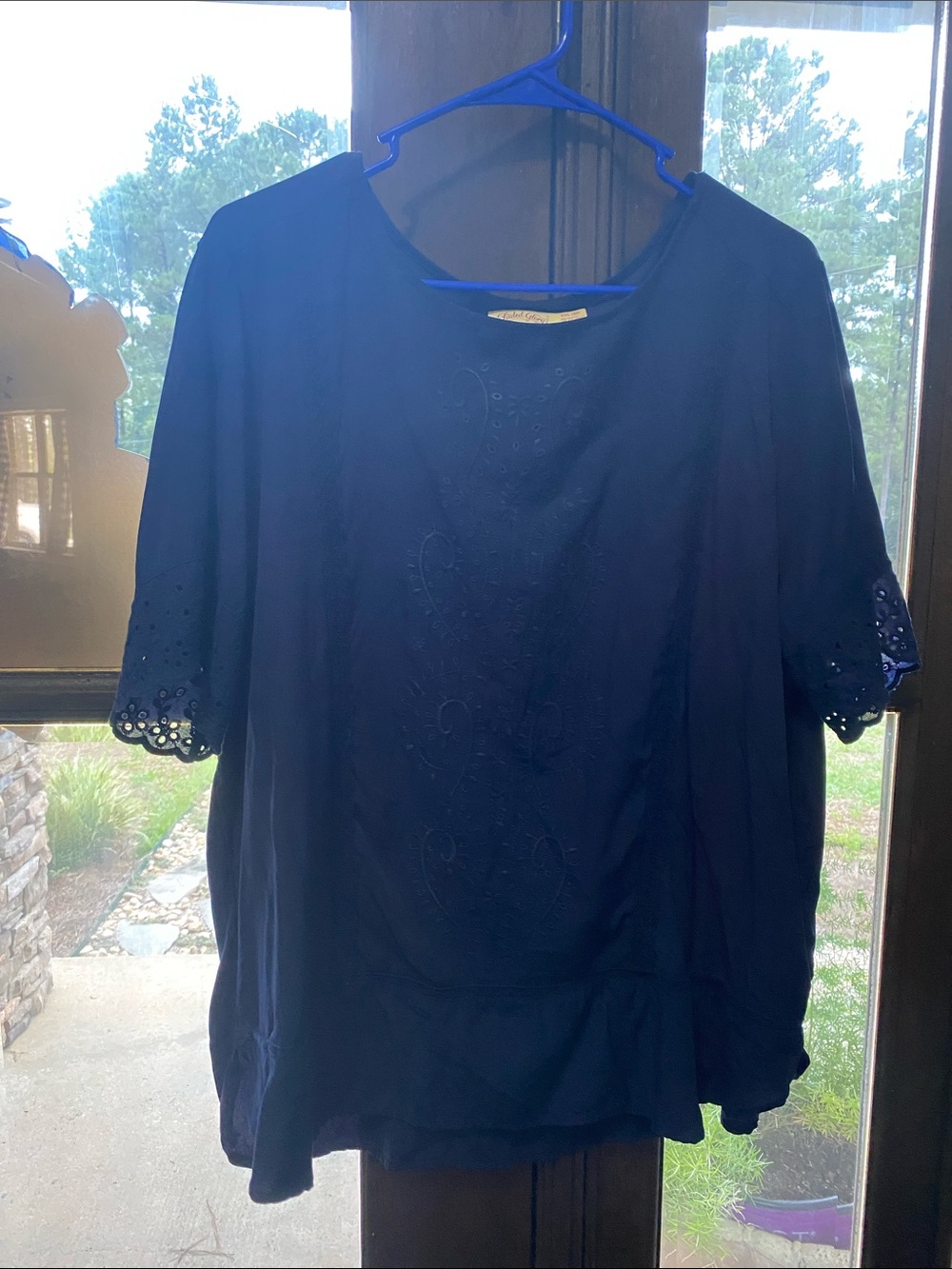 Faded Glory Navy Blue Short-Sleeve Eyelet Embroidered Blouse